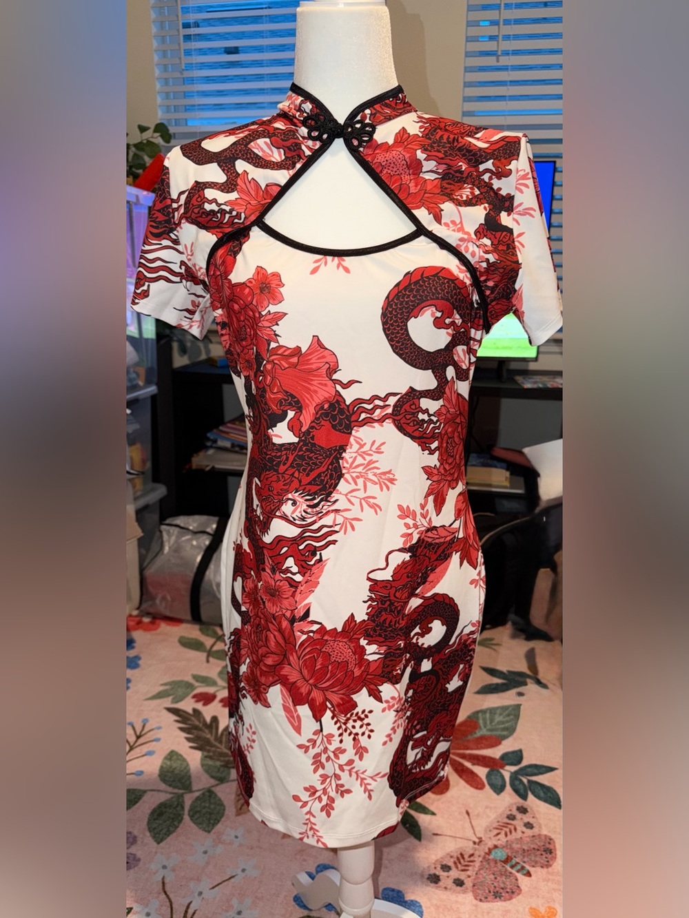 Red and White Dragon Print Cheongsam-Inspired Dress